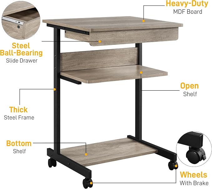 Topeakmart Gray Art Deco Desk, Rolling Computer Desk Cart with Drawer, Small Space Solution for Writing, Laptop, PC, 22 x 20.1 x 31.5 inches