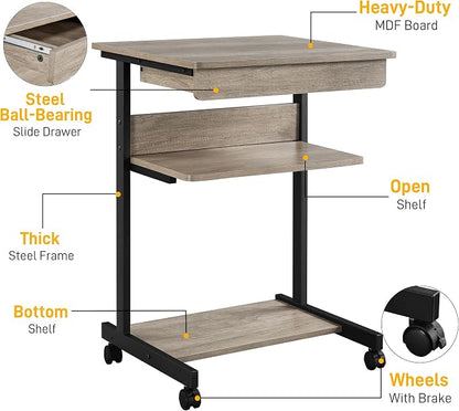 Topeakmart Gray Art Deco Desk, Rolling Computer Desk Cart with Drawer, Small Space Solution for Writing, Laptop, PC, 22 x 20.1 x 31.5 inches