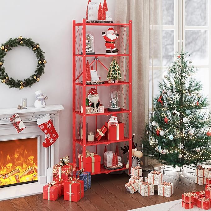 ALANNG 73.6 Inch Folding Bookshelf, 6 Tier Metal Bookcase and Bookshelves, Tall Shelves for Living Room Office Bedroom, Heavy Duty Book Shelve Free Standing Open (Red, 3PACK)