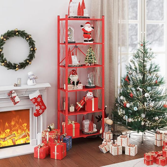 ALANNG 73.6 Inch Folding Bookshelf, 6 Tier Metal Bookcase and Bookshelves, Tall Shelves for Living Room Office Bedroom, Heavy Duty Book Shelve Free Standing Open (Red, 3PACK)