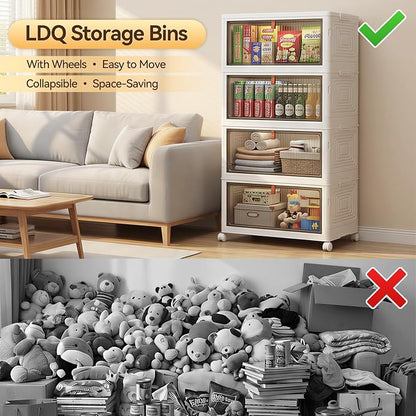 LDQ 136Qt Large Storage Bins with Lids, 4 Tier Stackable Storage Cabinet with Wheels & Clear Doors, Foldable Plastic Closet Organizer for Bedroom, Bathroom & Kitchen