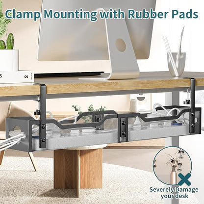 Under Desk Cable Management Tray Black, Litwaro Cable Management Under Desk No Drill, 25'' Cable Tray with Clamp for Wire Management, Cord Organizer for Office, Home - No Damage to Table