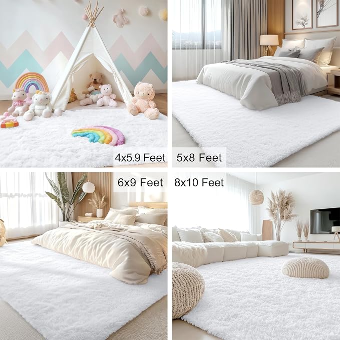 OLANLY 3x3 Machine Washable Small Bedside Rug, Soft Fluffy Shaggy Entryway Throw Rugs for Bedroom, Living Room, Indoor Floor Carpet for Kids Girls and Boys, Nursery Rooms, Home Decor Aesthetic, White