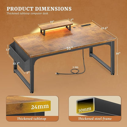 DurayLoly 55 x 24 inch Desk, 24mm Thick Heavy Duty Computer Desk with RGB LED & Power Outlets, Gaming Desk with Detachable Stand, 150LBS Load Capacity, Work Gaming Desk for Home Office, Brown