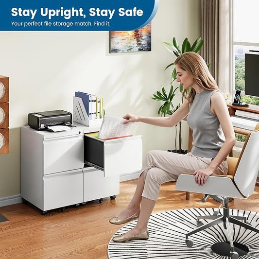 PEUKC 2 Drawers Mobile File Cabinet with Lock, Under Desk Rolling File Cabinet for Home Office, Organizes Letter Legal A4 Files, White(Pre-Assembled)
