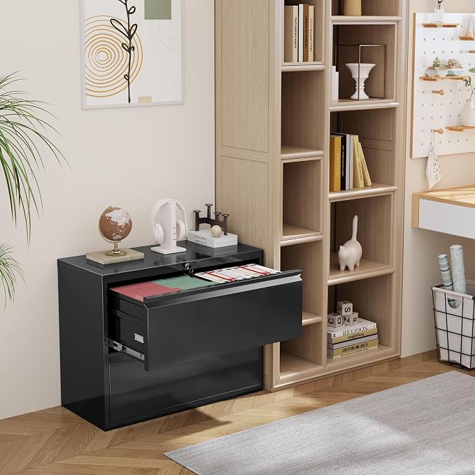 INTERGREAT Lateral File Cabinet 2 Drawer, Black Metal File Cabinets for Home Office, Locking File Cabinet for Letter/Legal/F4/A4 Size Hanging Files, Easy Assembly