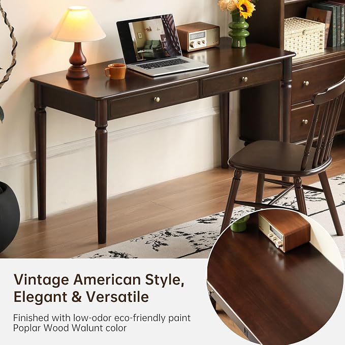 Home Office Desk, Solid Wood Computer Desk, Vintage Mid-Century Modern Writing Desk with for Study Work 47.24" W