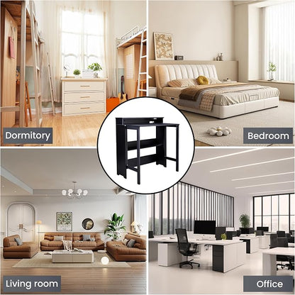 Fold Out Desk with Power Outlets, Small Foldable Table with Storage Shelf,Space-Saving Hidden Desk for Bedroom, Living Room & Office (Black)