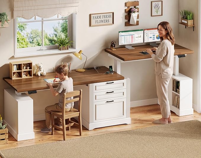 SEDETA Standing Two Person Desk, 98.4'' Farmhouse Long Computer Desk with 3 Drawers, Storage Cabinet, Electric Height Adjustable 2 Person Desk with Power Outlets for Home Office, White+Brown