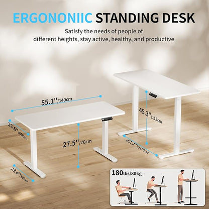 BIZUM Electric Standing Desk, 55x24 inches Height Adjustable Desk, Sit to Stand Desks Memory Gaming Computer Workstation for Home Office, White