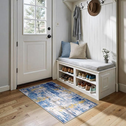 RELEANY Washable Area Rugs 2'x4' Non-Slip Modern Abstract Soft for Living Room Entryway Bedroom Kitchen, Print Pattern, Grey Blue Gold/Golden