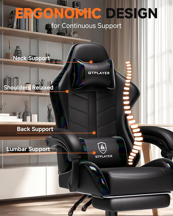GTPLAYER Gaming Chair with Footrest, Computer Gaming Chair for Adults, Height Adjustable Gamer Chair with 90-155° Recline & Removable Headrest Lumbar Support, 01 Iridescent Black