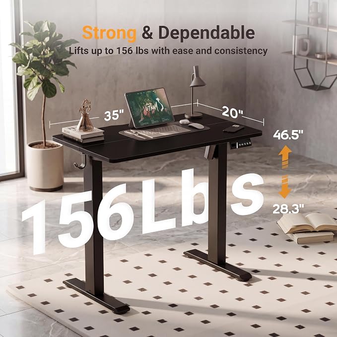 Claiks Electric Standing Desk 35 x 20 Inches, Compact Adjustable Height Motorized Sit Stand Desk with 3 Memory Presets & Cable Management, Space-Saving Computer Workstation for Bedroom, Black
