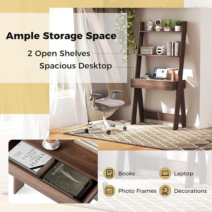 Tangkula Ladder Desk with Countertop & Drawer, Home Office Computer Laptop Table with Open Shelves & Anti-Tip Kits, Wall-Leaning Compact Working Station for Small Spaces (Walnut)