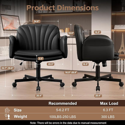 Vonesse Criss Cross Office Chair with Wheels & Armrests, Height Adjustable Vanity Chair, Makeup Chairs with Side Pockets Design, Comfortable Computer Desk Chairs for Home (PU Leather,Black)