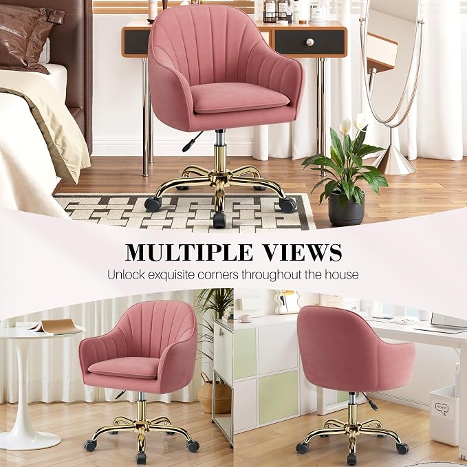 Vanity Chair with Wheels, Comfy Home Office Desk Chairs Adjustable Modern Velvet Makeup Vanity Chairs for Bedroom Living Room-Dusty Rose