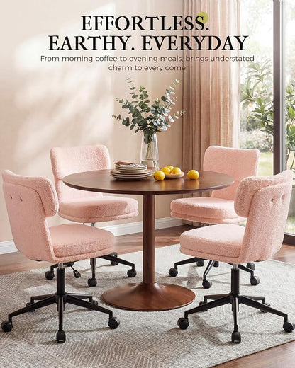COMHOMA Vanity Chair with Ergonomic Curved Backrest, Home Office Desk Chair with Silent Wheel, Wide Seating Computer Chair for Girls Women Bedroom, Soft Teddy Fabric, Pink