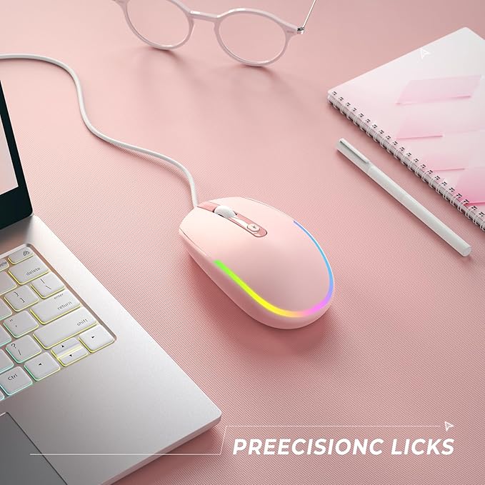 seenda Wired Mouse - USB Corded Mouse with Colorful RGB Backlit, Plug and Play, 1600 DPI Optical Tracking，Silent Computer Mouse for Laptop, PC, Chromebook, Desktop, Office, School, Home, Pink