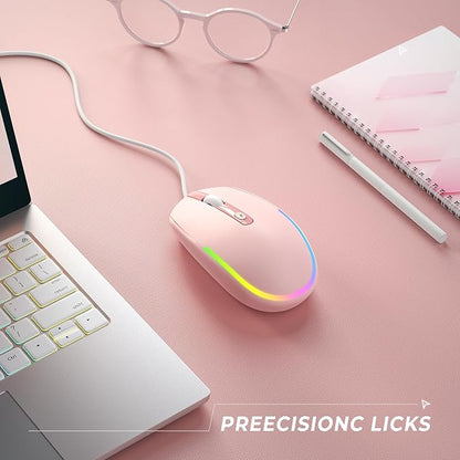 seenda Wired Mouse - USB Corded Mouse with Colorful RGB Backlit, Plug and Play, 1600 DPI Optical Tracking，Silent Computer Mouse for Laptop, PC, Chromebook, Desktop, Office, School, Home, Pink