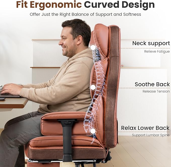 BESTFAIR Big and Tall Office Chair for Heavy People - 400 LBS Capacity Executive Chair with High Back & Footrest, Ergonomic Wide Padded Leather Seat Computer Gaming Chair, Terracotta Brown
