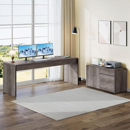 Mid-Century Modern 78" L-Shaped Executive Desk with Independent Mobile File Cabinet, Large Home Office Desk with Drawers and 4 AC + 2 USB Power Outlets, Waterfall Edge Design, Grey Oak