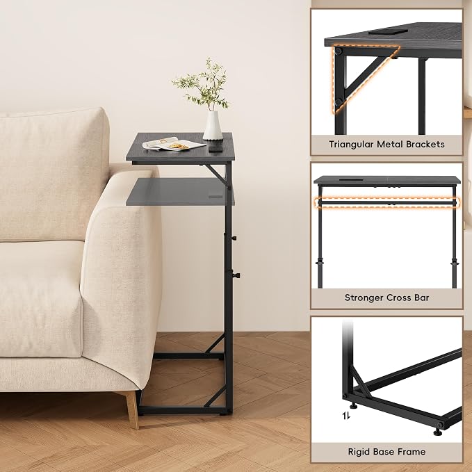 Vagusicc C Shaped End Table with Charging Station, Large C-Table End Table Adjustable Height Side Table for Couch, Sofa Table Slide Under Couch Table TV Tray Table for Living Room, Bedroom,Gray Walnut