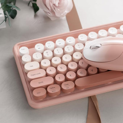 Wireless Keyboard and Mouse, Colorful 104-Key QWERTY with Round Keys, Phone Holder, Wrist Rest, Power Buttons, 2.4GHz USB for PC Laptop (Peach Gradient)