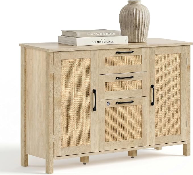 Lateral File Cabinets for Home Office, 3 Drawer and 2 Doors Filing Cabinet with Lock, Wide Rattan Filing Organization Storage Cabinets with Printer Stand for Hanging Files/A4/F4 Size, Natural Wood