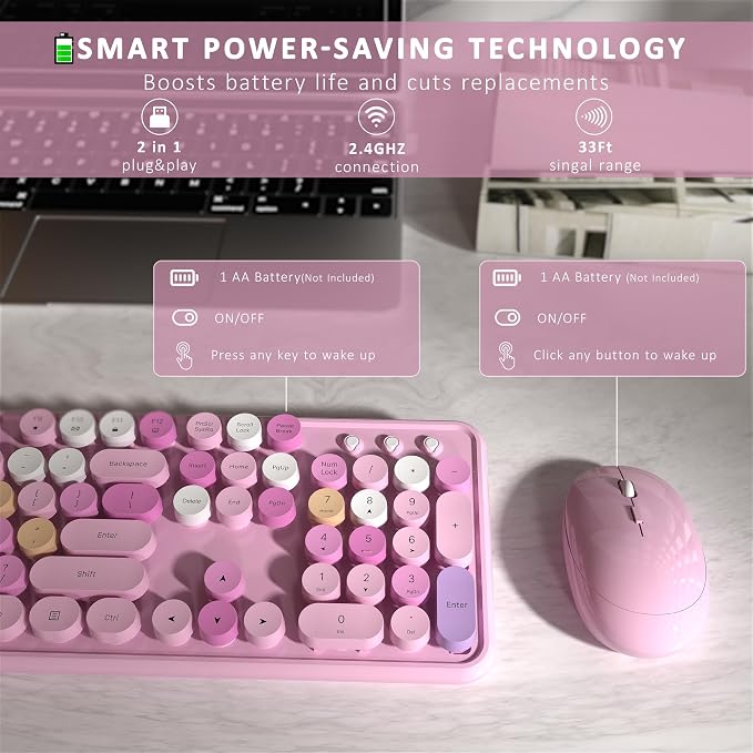 Links9+ Wireless Keyboard and Mouse, Full-Size Retro Typewriter Keyboard with Round Keycaps, 2.4GHz for Windows, Mac, Laptop, PC, Desktop (Pink Colorful)