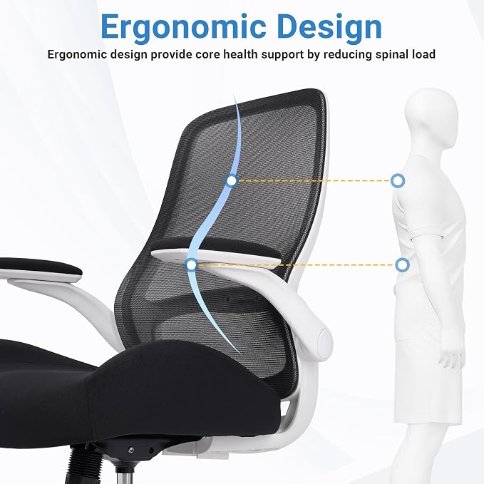 HYLONE Office Chair Ergonomic Chair with Flip up Armrests, 5" Thickened Seat Computer Chair with Breathable Mesh Back Home Office Computer Chairs for Long Hours Mesh Office Chair(White Base&Black)