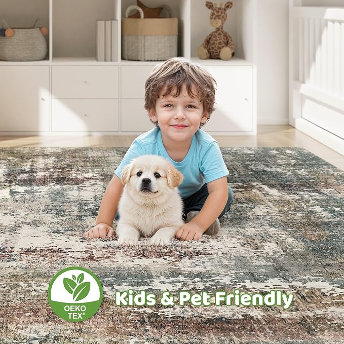 6x9 Area Rug Washable Rugs: Living Room Large Abstract Modern Soft Stain Resistant Indoor Floor Non-Slip Accent Carpet for Bedroom Nursery Playroom Office Dining Room Dorm Home House- Green Red