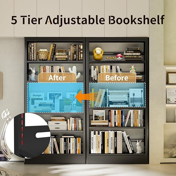 70.9" H Metal Bookshelf, Adjustable Bookcase, 5-Tier Heavy Duty Bookshelf with Bookend, Tall Bookshelves, Bookcase Shelf for Living Room, Office, Library,Classroom (Black-37.4W)