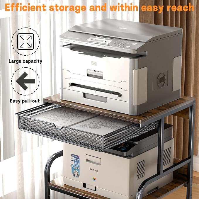 Large Printer Stand with Storage Shelf, 23.6''x18.9'' Rolling Printer Cart Holder with Lockable Wheels, 5-Adjustable Heights, 3D Scanner Fax Printer Table for Home Office Use, Large