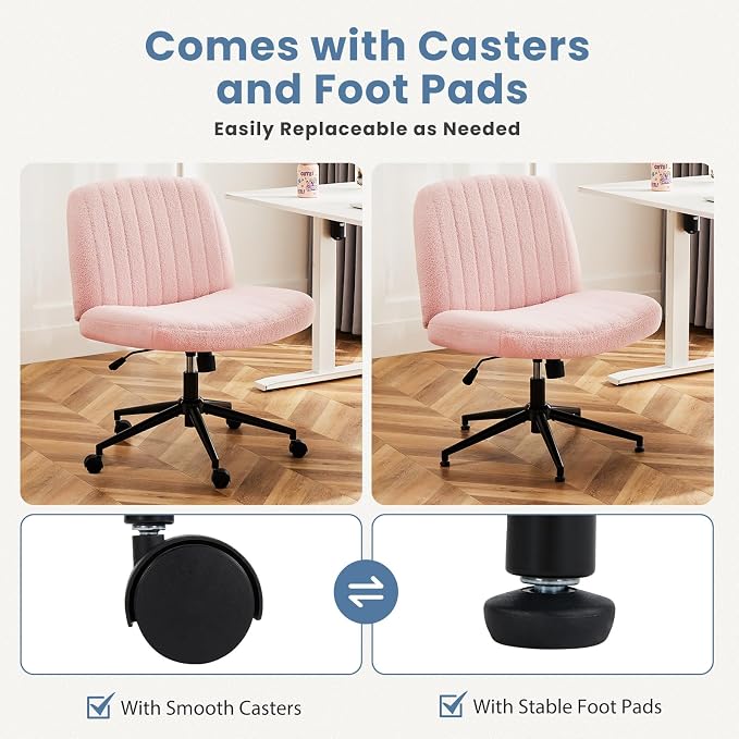 DUMOS Criss Cross Chair with Wheels, Wide Cross Legged Office Desk Vanity Chairs, Armless Height Adjustable Swivel Chairs for Home Computer Task, Teddy Fleece, Pink Wheel