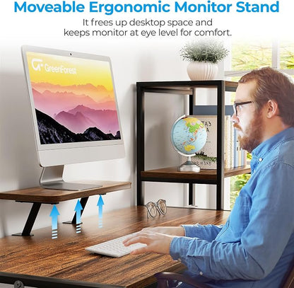 GreenForest Computer Desk 58 inch with Printer Shelf, Reversible Office Desk with Monitor Stand and 2 Hooks, Home Workstation for Study Writing Working Gaming, Brown