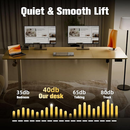 ERGOMAKER Electric Standing Desk, 67" x 23.6" Height Adjustable Sit Stand Desk with Splice Board for Home Office, Computer Desk Memory Preset (White Frame, Gold Oak Desktop)