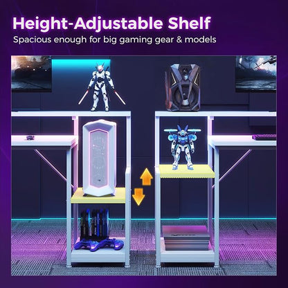 AODK 48 Inch Gaming Desk with LED Lights, Computer Desk with Storage Shelves, Reversible Desk with Monitor Stand, White