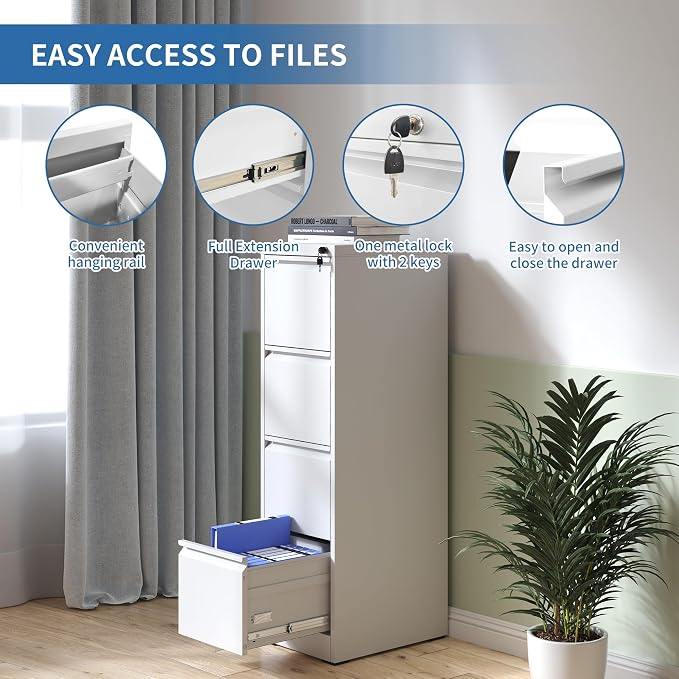 4 Drawer File Cabinet, Metal Vertical Filing Cabinets for Home Office, Steel Storage Cabinet for Hanging Legal/Letter Size Files, Assembly Required (White)