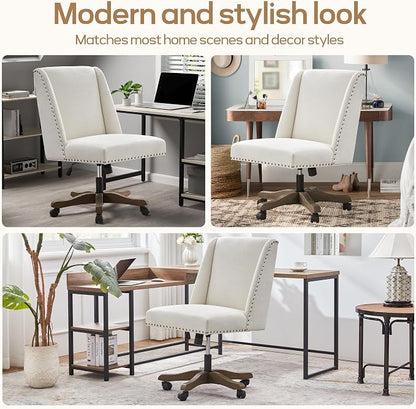 Zihanhome Armless Upholstered Office Chair with Wooden Legs, Modern Criss Cross Adjustable Home Office Desk Chair No Arms Sewing Chair Swivel Chair for Women Farmhouse Study Studio (Beige)