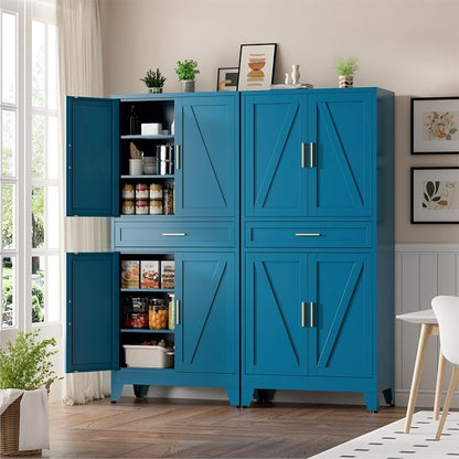 Metal Storage Cabinets with Drawer, 71" Filing Cabinet with 4 Adjustable Shelves & 4 Doors, Modern Abstract Rhombus Geometric Design File Cabinet for Home,Office,Garage,Shop,School, Blue
