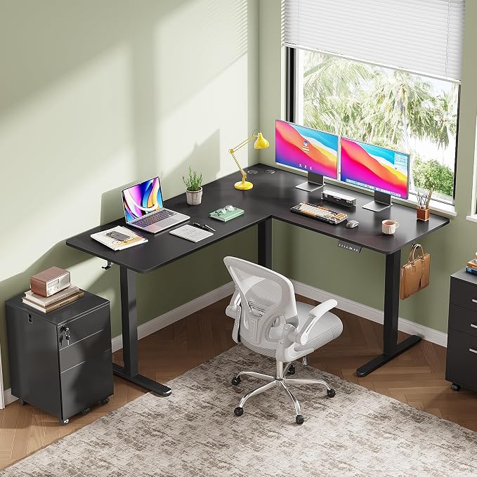 DEVAISE 63 Inch L Shaped Electric Standing Desk, 3 Adjustable Computer Desk for Home Office, Ergonomic Sit to Stand Desk with LED Touchscreen，Headphone Hook, 3 Memory Preset, with Split Top, Maple