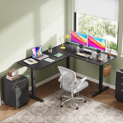 DEVAISE 63 Inch L Shaped Electric Standing Desk, 3 Adjustable Computer Desk for Home Office, Ergonomic Sit to Stand Desk with LED Touchscreen，Headphone Hook, 3 Memory Preset, with Split Top, Maple