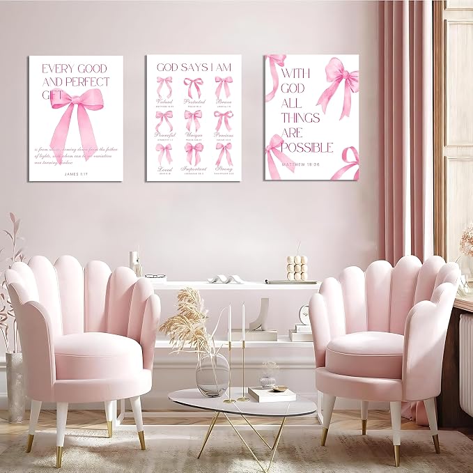 Coquette Pink Bow Wall Art Decor Canvas Posters Framed, Inspirational Bible Verses Bow Wall Decor,Room Bedroom Bathroom Decor Aesthetic for Teen Girls Gifts, 12x16 Inch Set of 3 Bow Pictures