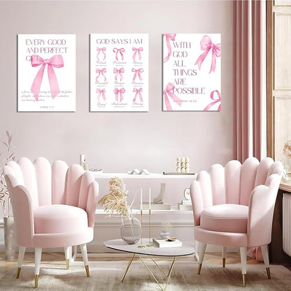 Coquette Pink Bow Wall Art Decor Canvas Posters Framed, Inspirational Bible Verses Bow Wall Decor,Room Bedroom Bathroom Decor Aesthetic for Teen Girls Gifts, 16x24 Inch Set of 3 Bow Pictures