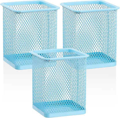 Segarty Pen Holder for Desk, 3 Pack Square Light Blue Pencil Holder, Wire Mesh Pen Cup Container Set Desktop Organizer for Office Supplies, School Students, Home Storage, Brush Organization