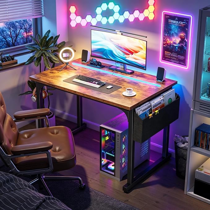 DurayLoly 32" Computer Desk with Waterproof LED Lights,Bedroom Study Desk for Teens,Dorm Room Essentials,Headphone Hook&Storage Bag for Small Spaces,Sturdy Metal Frame,Rustic Brown