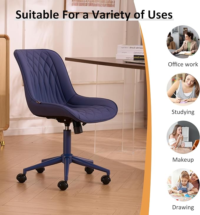 YOUNIKE Faux Leather Ergonomic Office Chair Armless Comfy Desk Chair with Rocking Back Cute Swivel Vanity Chair with Wheels Height Adjustable Small Computer Task Chair for Sewing Drafting Navy Blue