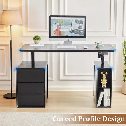 Electric Standing Desk with Drawers, 55" Office Desk Height Adjustable Executive Desk with Storage Shelves, Simple Setup Wood Desk Home Office Stand up Desk for Work, Study, Writing, Black