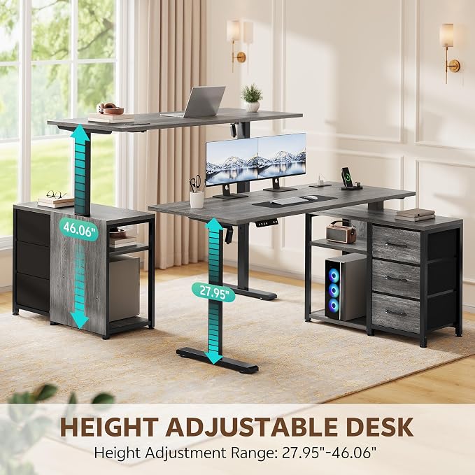 47 Inch L Shaped Desk with 3 Drawers Electric Standing Desks with Storage Computer Table Adjustable Height with Power Outlets 4 Memory Presets for Home Office, Grey