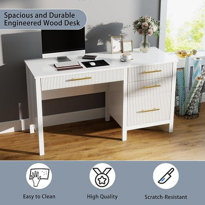 Fluted Executive Desk with Drawers: 54" White Home Office Desks with File Drawers, Modern Computer Desk with Gold Handles, Writing Table for Study, Living Room (White, 54")